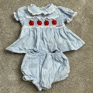 Cecil & Lou Smocked Apple Blue and White Gingham bloomer set with eyelet lace